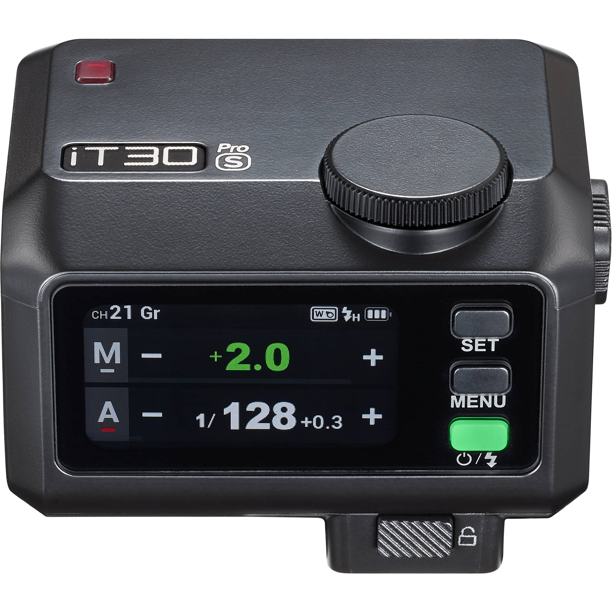 Godox iT30 Pro with built-in diffuser flipped out and the designed quick-release hot shoe locking mechanism.
