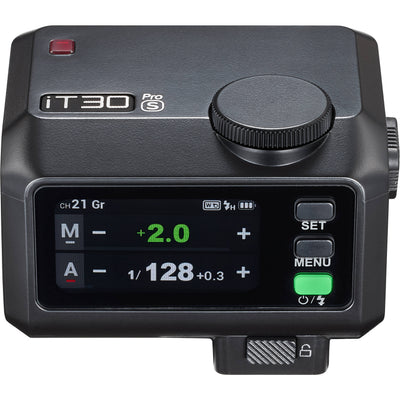 Godox iT30 Pro with built-in diffuser flipped out and the designed quick-release hot shoe locking mechanism.
