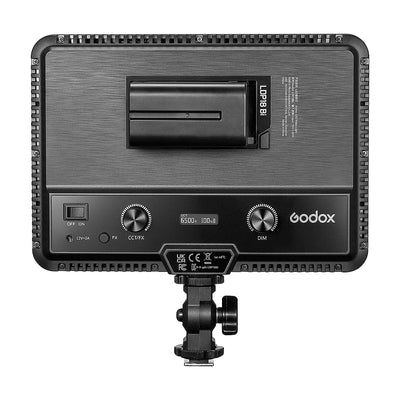 Godox LDP18BI Bi-Colour LED Video Light Panel mounted on camera, showing adjustable colour temperature and compact, portable design.