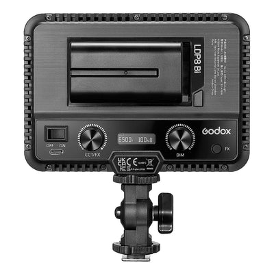 Godox LDP8Bi bi-color LED video light panel—compact rectangular panel with cold-shoe mount.