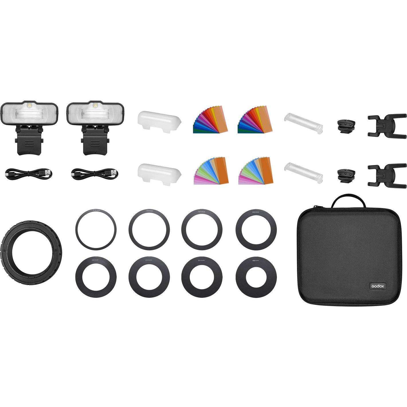 Godox MF12 macro flash with adjustable head and multi-flash ring setup