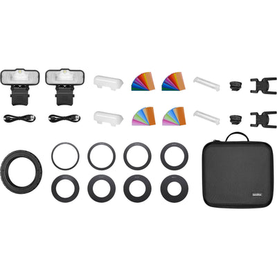 Godox MF12 macro flash with adjustable head and multi-flash ring setup
