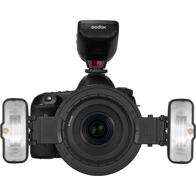 Godox MF12 macro flash with adjustable head and multi-flash ring setup