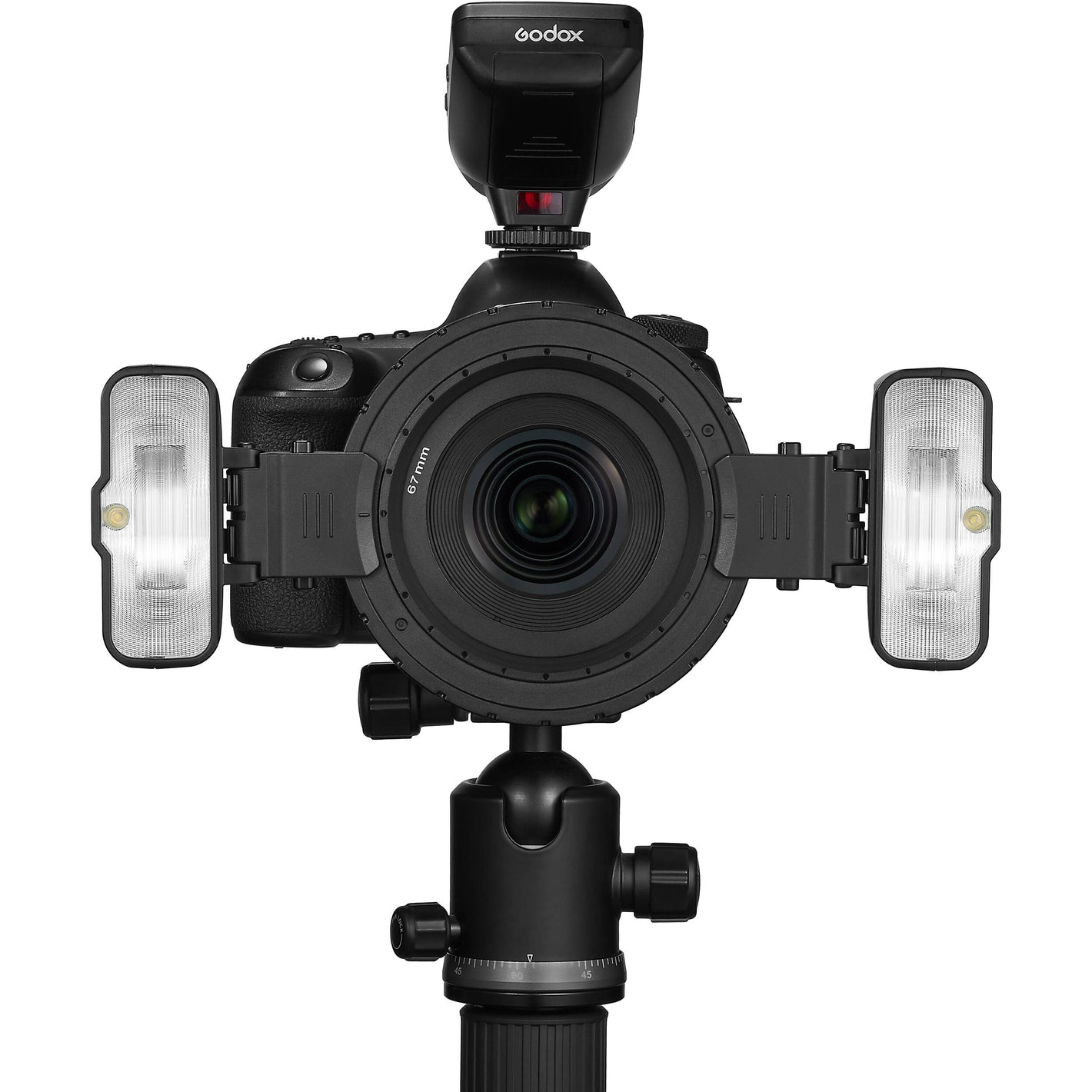 Godox MF12 macro flash with adjustable head and multi-flash ring setup