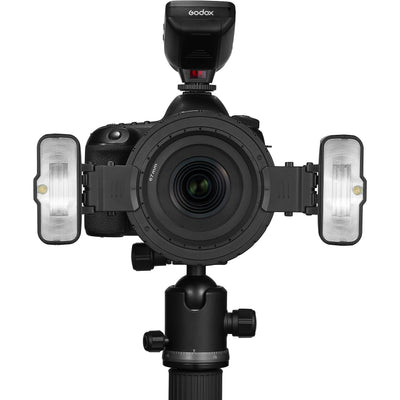 Godox MF12 macro flash with adjustable head and multi-flash ring setup