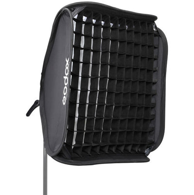 Godox S2 Speedlite bracket with 60 × 60 cm softbox (Bowens mount), collapsible square softbox with speedlight ring and grid, soft diffusion kit.