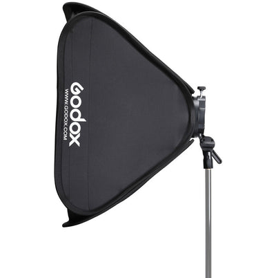 Godox S2 Speedlite bracket with 60 × 60 cm softbox (Bowens mount), collapsible square softbox with speedlight ring and grid, soft diffusion kit.