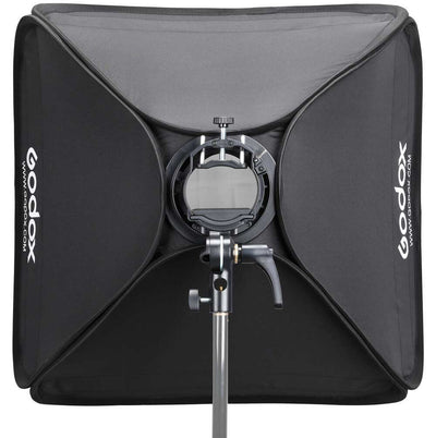 Godox S2 Speedlite bracket with 60 × 60 cm softbox (Bowens mount), collapsible square softbox with speedlight ring and grid, soft diffusion kit.