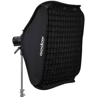 Godox S2 speedlight bracket kit with 80×80 cm softbox and grid—collapsible square softbox with Bowens-style mount