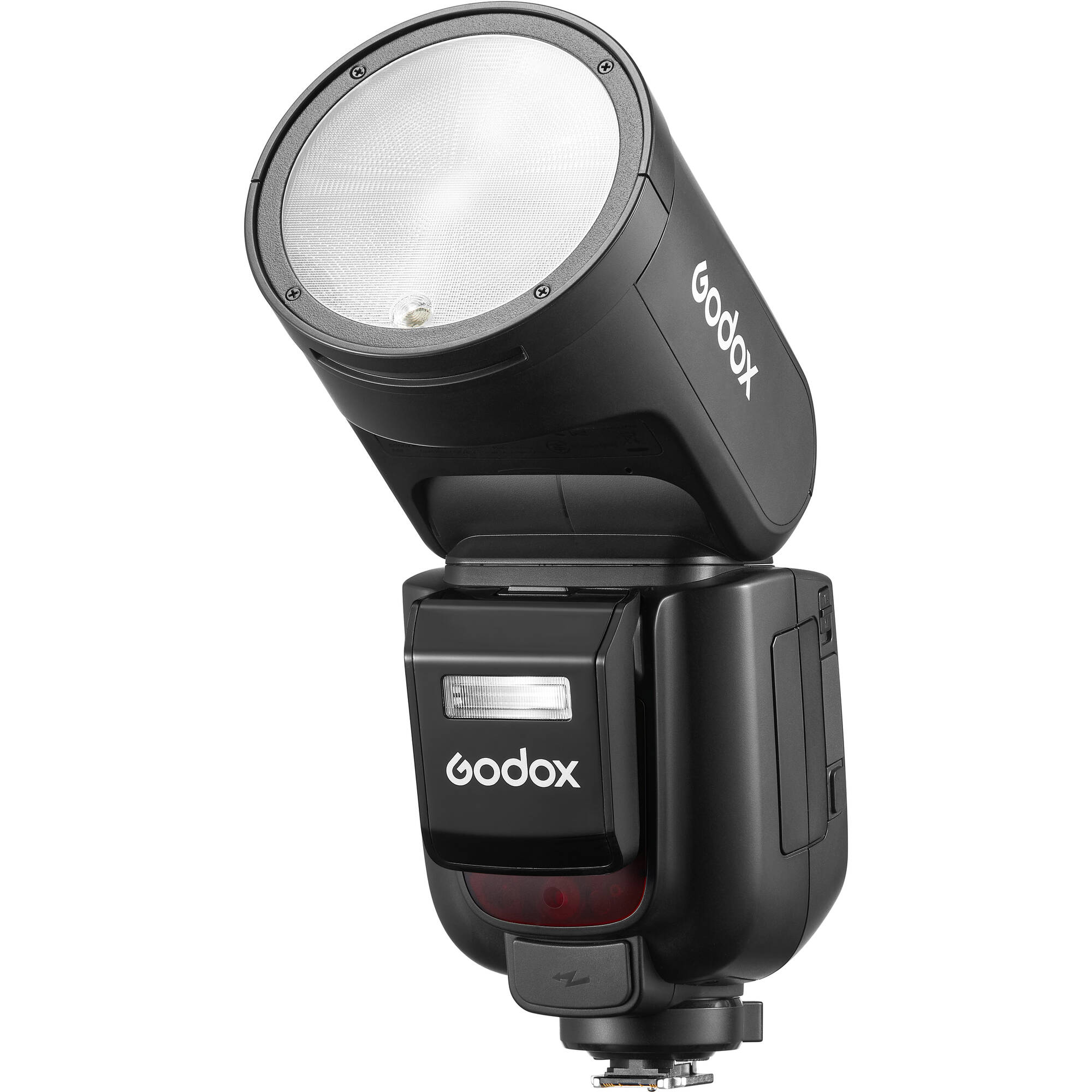 Godox V1 Pro round-head speedlight for Sony, featuring a circular flash head, detachable sub-flash module, and lithium-ion battery grip.