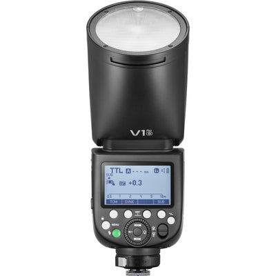 Godox V1 Pro round-head speedlight for Sony, featuring a circular flash head, detachable sub-flash module, and lithium-ion battery grip.