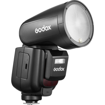 Godox V1 Pro round-head speed-light for Canon with detachable sub-flash, LED modeling lamp, and lithium-ion battery.