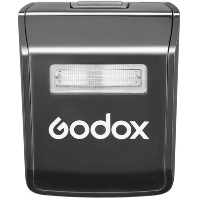 Godox V1 Pro round-head speed-light for Canon with detachable sub-flash, LED modeling lamp, and lithium-ion battery.