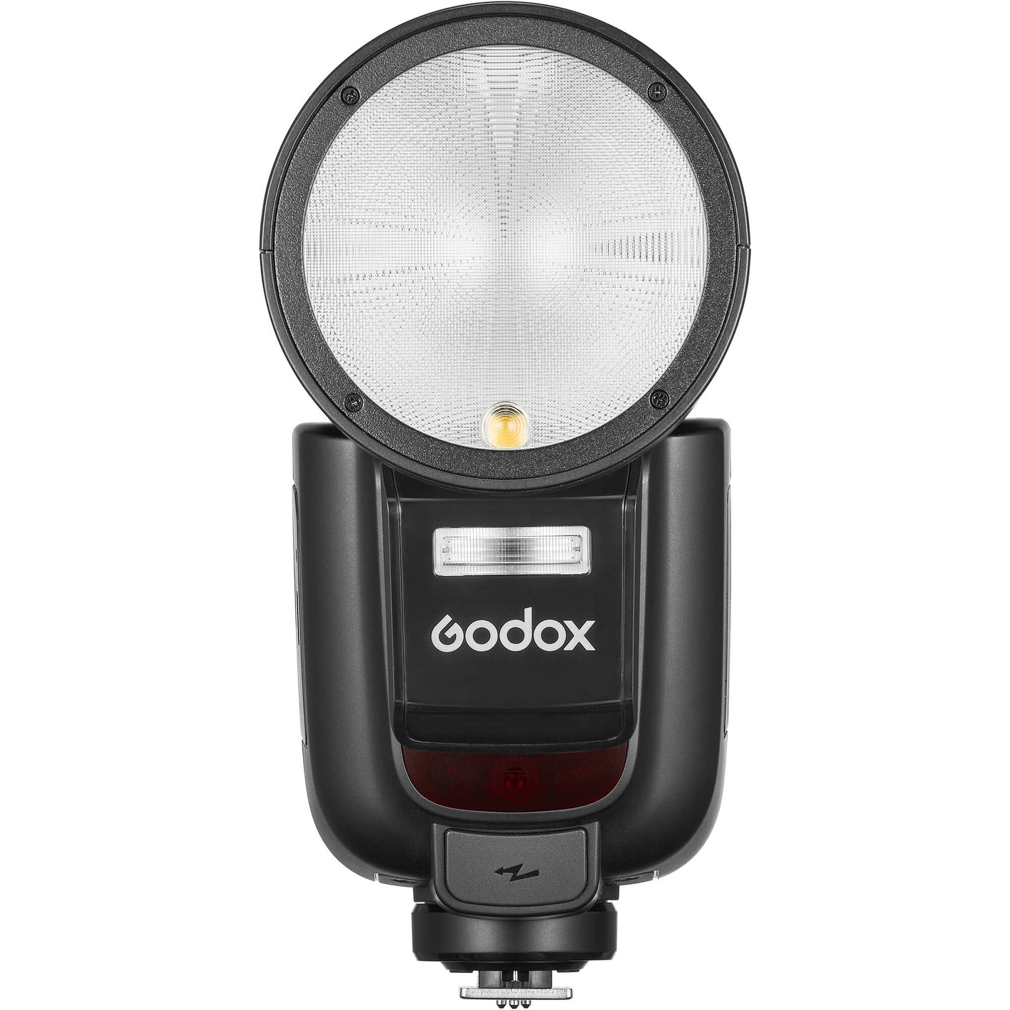 Godox V1 Pro round-head speedlight for Fujifilm—circular flash head with detachable sub-flash, modeling LED, and lithium-ion battery grip.
