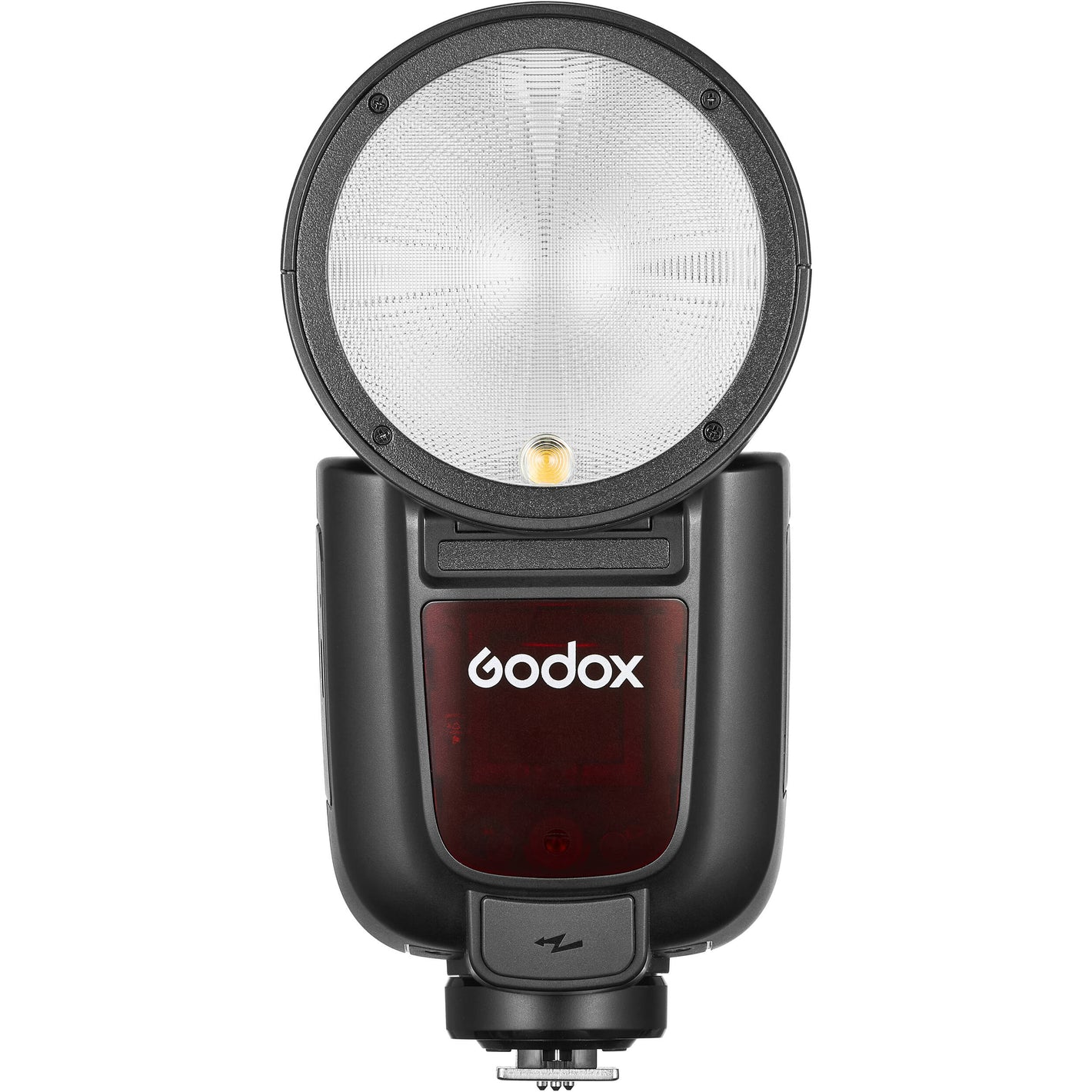 Godox V1 Pro round-head speedlight for Fujifilm—circular flash head with detachable sub-flash, modeling LED, and lithium-ion battery grip.