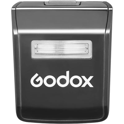 Godox V1 Pro round-head speedlight for Fujifilm—circular flash head with detachable sub-flash, modeling LED, and lithium-ion battery grip.