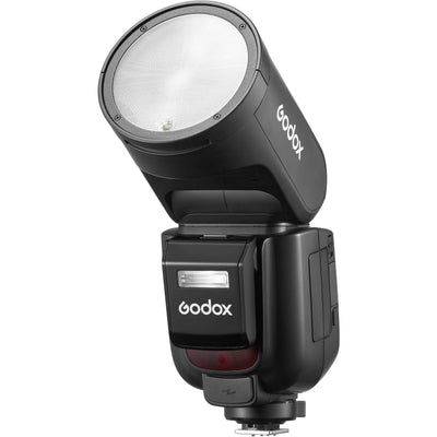 Godox V1 Pro round-head speedlight for Nikon — circular TTL flash head with detachable sub-flash, built-in modeling LED, and rechargeable lithium-ion battery grip.