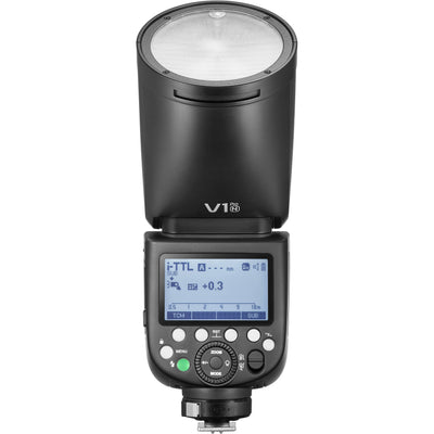 Godox V1 Pro round-head speedlight for Nikon — circular TTL flash head with detachable sub-flash, built-in modeling LED, and rechargeable lithium-ion battery grip.
