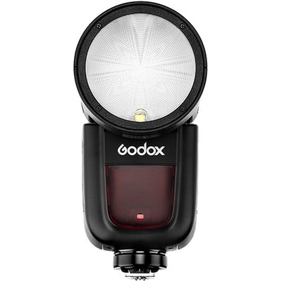 Godox V1-N round-head speedlight for Nikon with circular flash head, control panel, and removable lithium-ion battery.