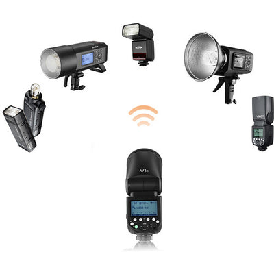 Godox V1-C round-head speedlight for Canon, featuring a compact cylindrical flash head, lith-ion battery grip, and OLED control panel.