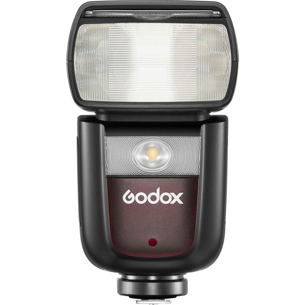 Godox V860 III speedlight for Canon, black flash unit with flip-up head, display panel, removable lithium battery, and accessories.