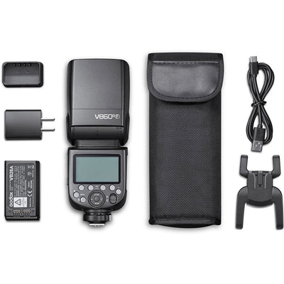Godox V860 III speedlight for Fujifilm – black flash unit with tilting head, LCD panel, and removable lithium battery.