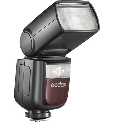 Godox V860 III speedlight for Sony — black flash unit with tilting head, display panel, and removable lithium battery.