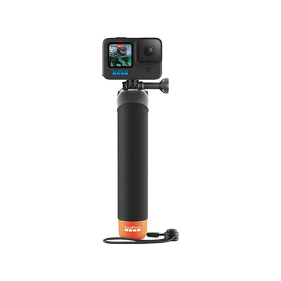 Action camera with a black and orange handle on a white background