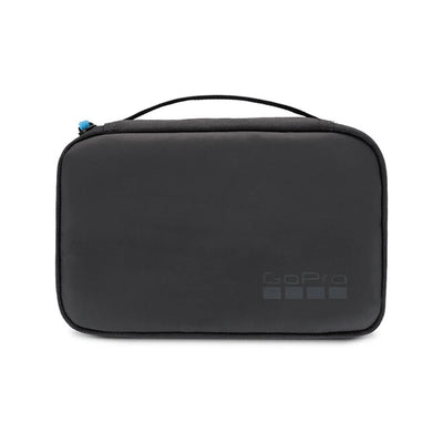 Black GoPro carrying case on a white background