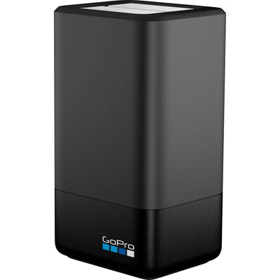GoPro Dual Battery Charger with two Enduro rechargeable lithium-ion batteries for MAX, 1600mAh capacity, USB-C charging port, LED charging indicators, optimized for fast charging and cold weather performance.
