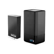 GoPro Dual Battery Charger with two Enduro rechargeable lithium-ion batteries for MAX, 1600mAh capacity, USB-C charging port, LED charging indicators, optimized for fast charging and cold weather performance.
