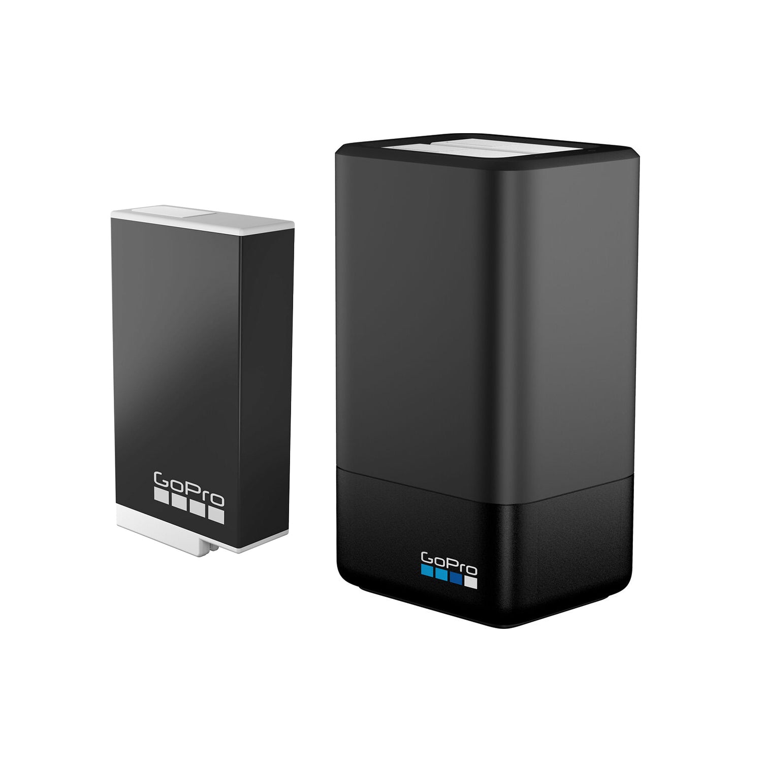 GoPro Dual Battery Charger with two Enduro rechargeable lithium-ion batteries for MAX, 1600mAh capacity, USB-C charging port, LED charging indicators, optimized for fast charging and cold weather performance.