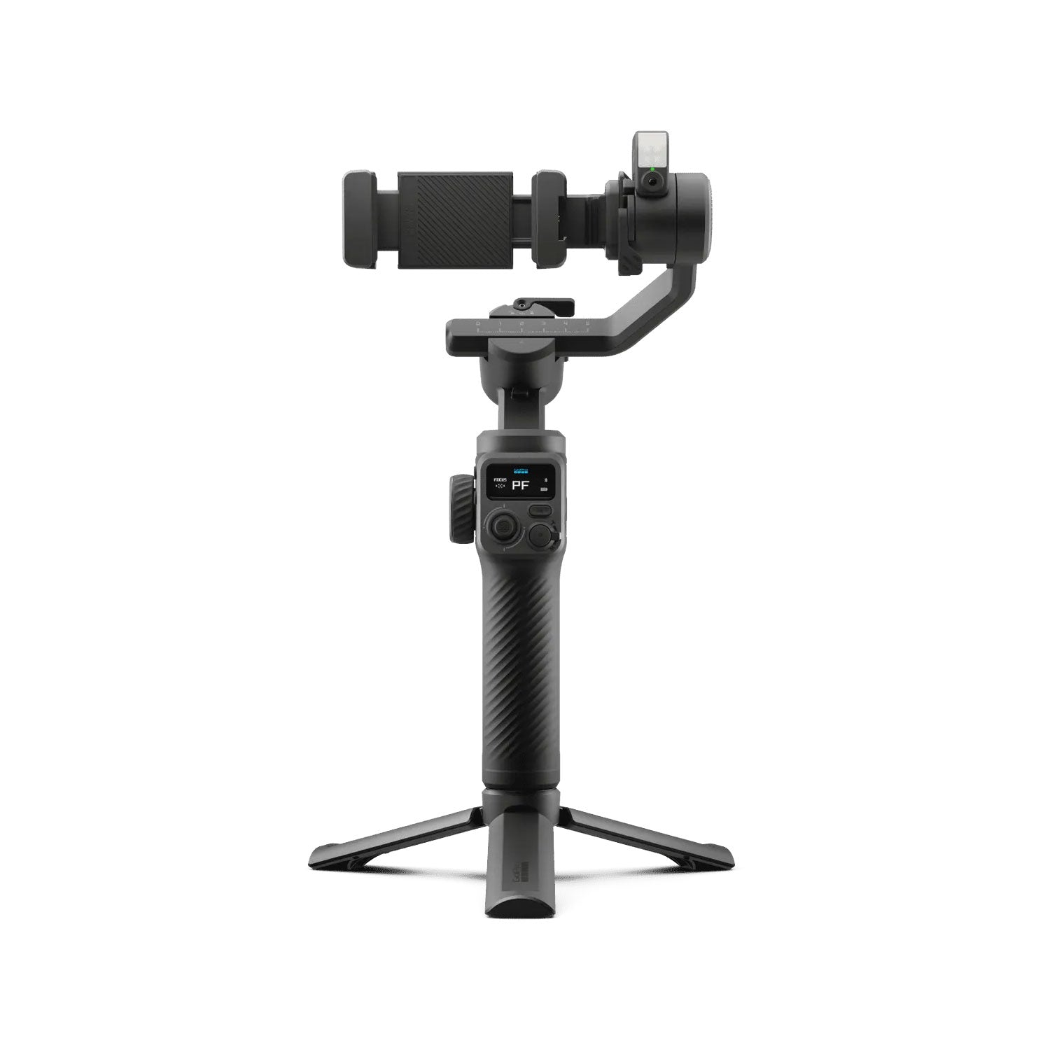 Premium 3-axis gimbal with AI subject tracking, integrated fill light, and mounts for smartphones and GoPro cameras.