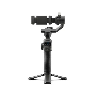 Premium 3-axis gimbal with AI subject tracking, integrated fill light, and mounts for smartphones and GoPro cameras.
