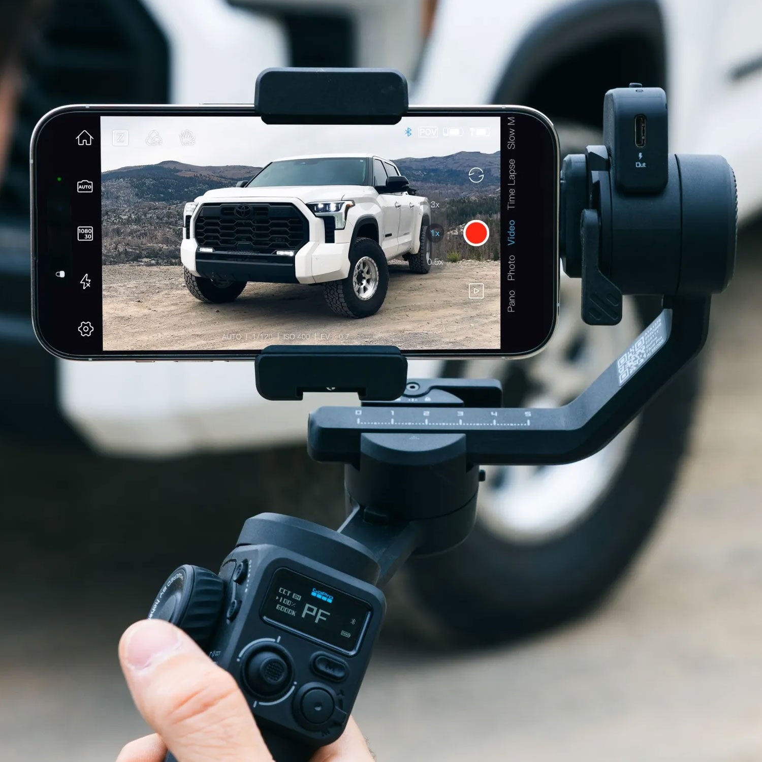 Premium 3-axis gimbal with AI subject tracking, integrated fill light, and mounts for smartphones and GoPro cameras.