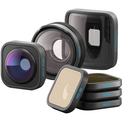 GoPro HERO13 Black with HB‑Series Lenses bundle, including Ultra Wide, Macro, Anamorphic lens mods and ND filter pack, shown with lens mods attached to the camera body.