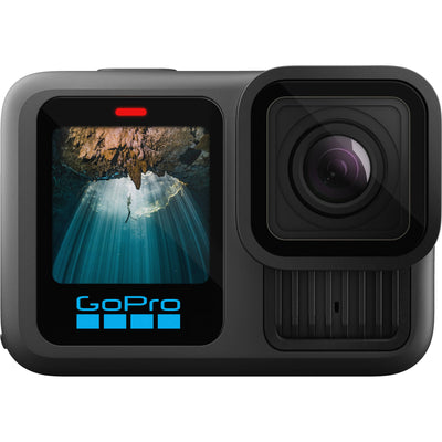 GoPro HERO13 Black Creator Edition bundled kit in black, showing the HERO13 Black camera attached to the Volta battery grip with tripod legs deployed, along with accessories including Media Mod, Light Mod, magnetic latch mount, and carrying case.