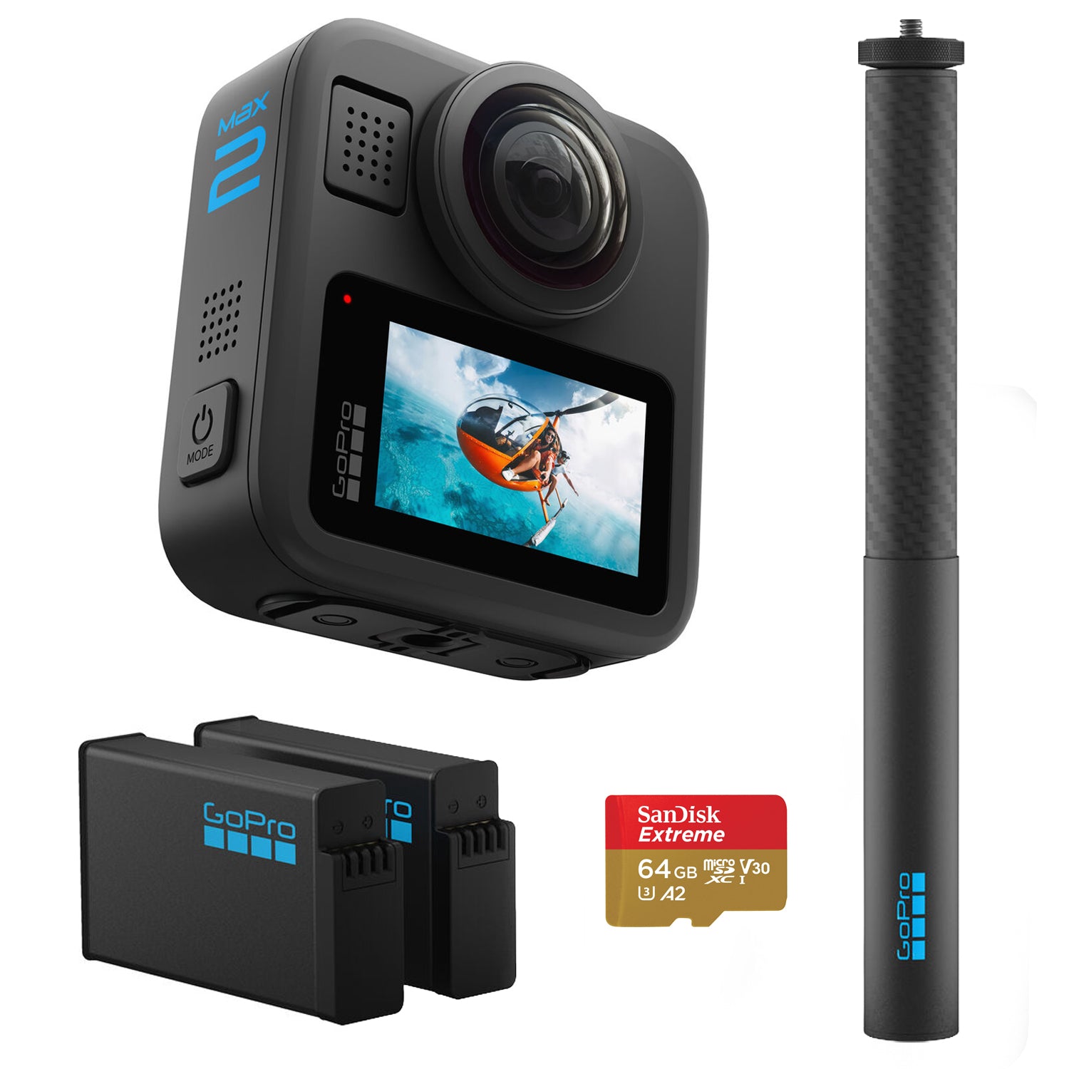 GoPro Max 2 360 camera with extension pole and extra Enduro battery
