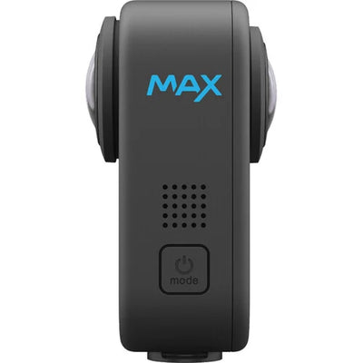 GoPro MAX 360 Action Camera 2025 with dual lenses capturing 5.7K 360° video, 18MP 360 photos, 6 built-in mics for immersive audio, Max HyperSmooth stabilization, AI-powered object tracking, 4 digital lenses including Max SuperView, rugged waterproof body, Enduro battery, and ¼-20 tripod compatibility.