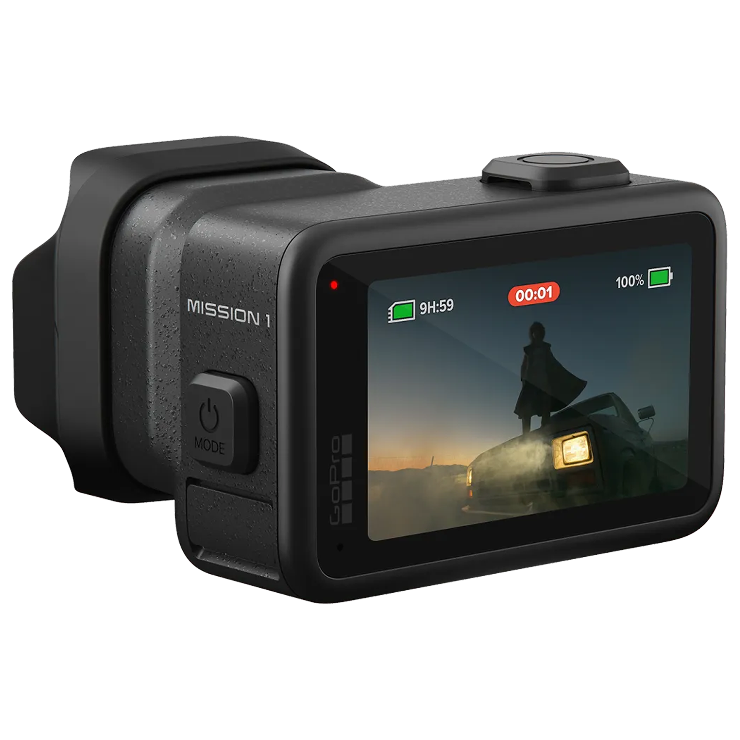 GoPro Mission 1 Series cinematic camera featuring a 1-inch sensor, rugged black housing, and a large rear OLED display.