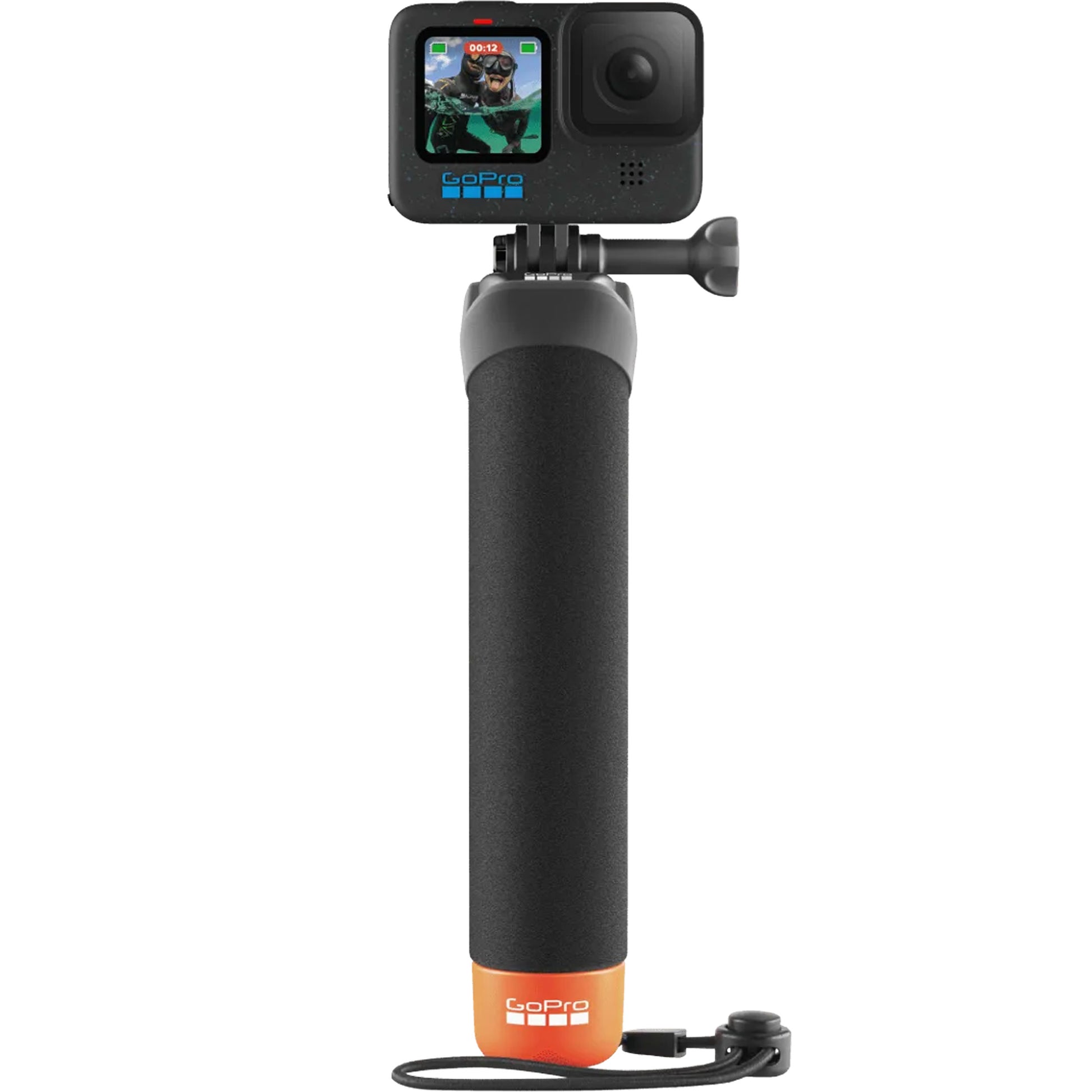 GoPro The Handler floating hand grip with orange base and quick-release camera mount
