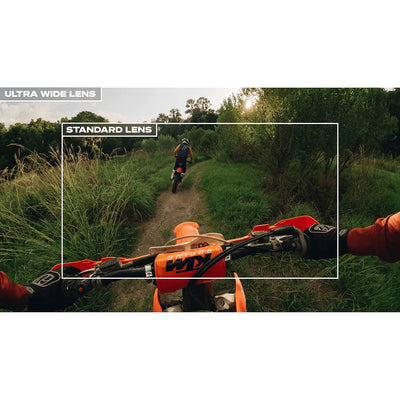 Comparison of ultra wide lens and standard lens on a dirt bike ride through a forest.