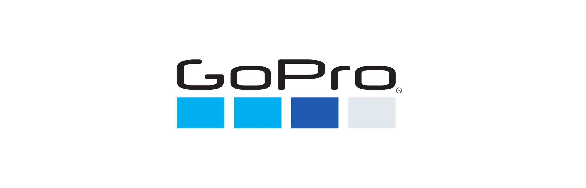 GoPro logo with blue and gray squares on a white background