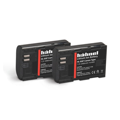 Hahnel HL-E6P twinpack rechargeable battery packaging on a white background