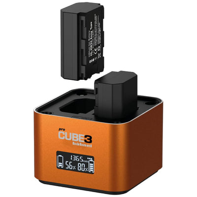 Hähnel ProCube3 Sony battery charger showing the battery plate. Batteries shown are not included in the product