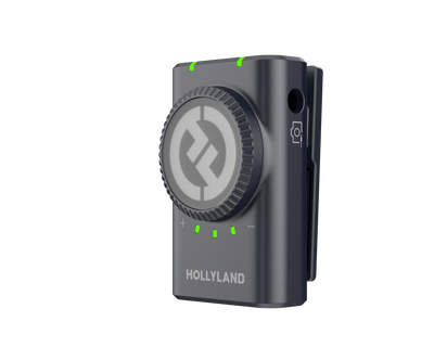 Hollyland Lark M2 Duo Wireless Mic for Camera with two ultra-lightweight clip-on transmitters, dual-channel camera-mount receiver, 24-bit 48kHz digital audio, 300m range, environmental noise cancellation, magnetic clips, silicone necklace cases, and charging case.