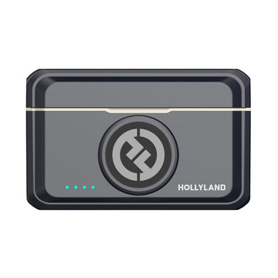 Hollyland Lark M2 Duo Wireless Mic for Camera with two ultra-lightweight clip-on transmitters, dual-channel camera-mount receiver, 24-bit 48kHz digital audio, 300m range, environmental noise cancellation, magnetic clips, silicone necklace cases, and charging case.