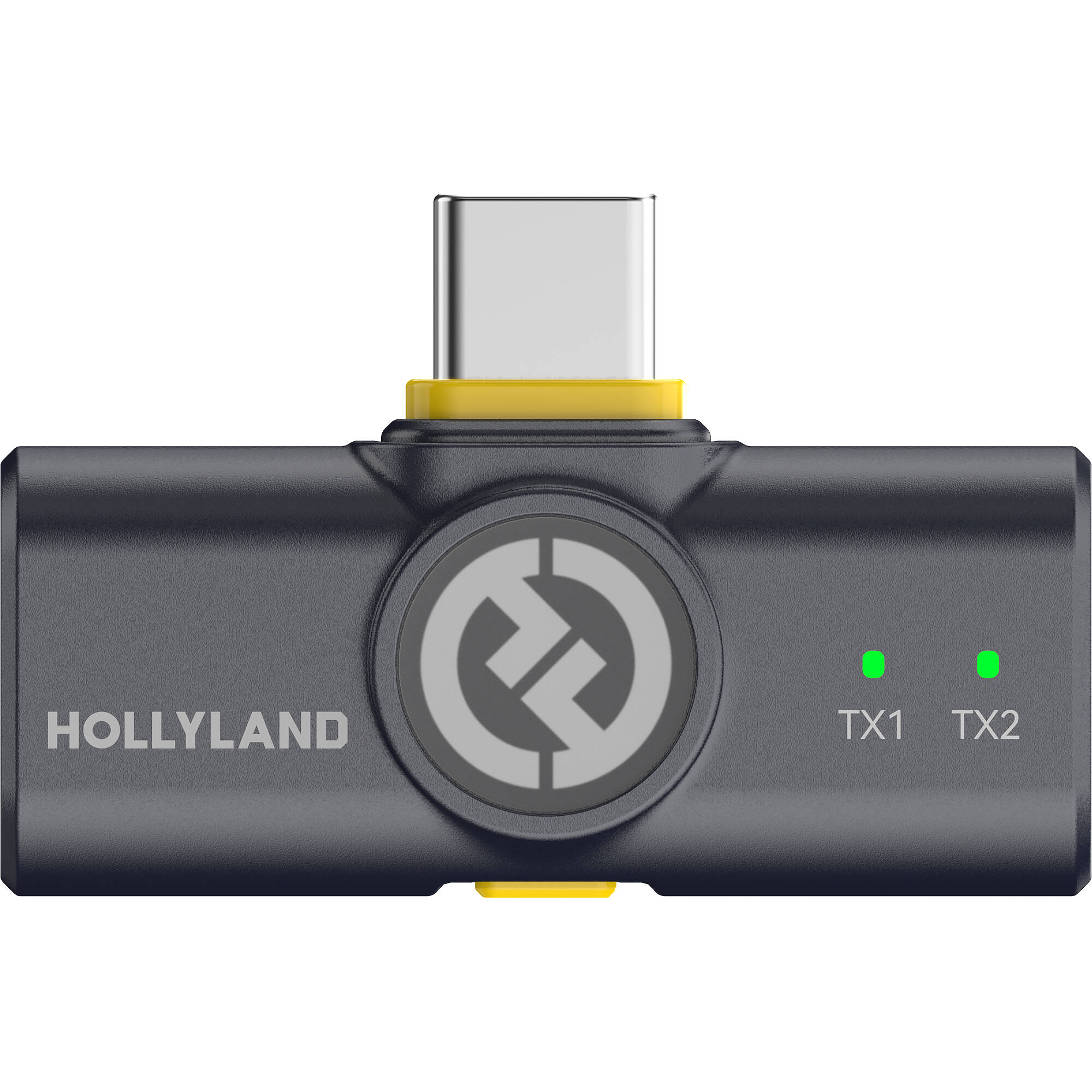 Hollyland Lark M2 Duo Wireless Mic USB-C with two omnidirectional transmitters, USB-C plug-in receiver, 2.4 GHz transmission and included charging case.
