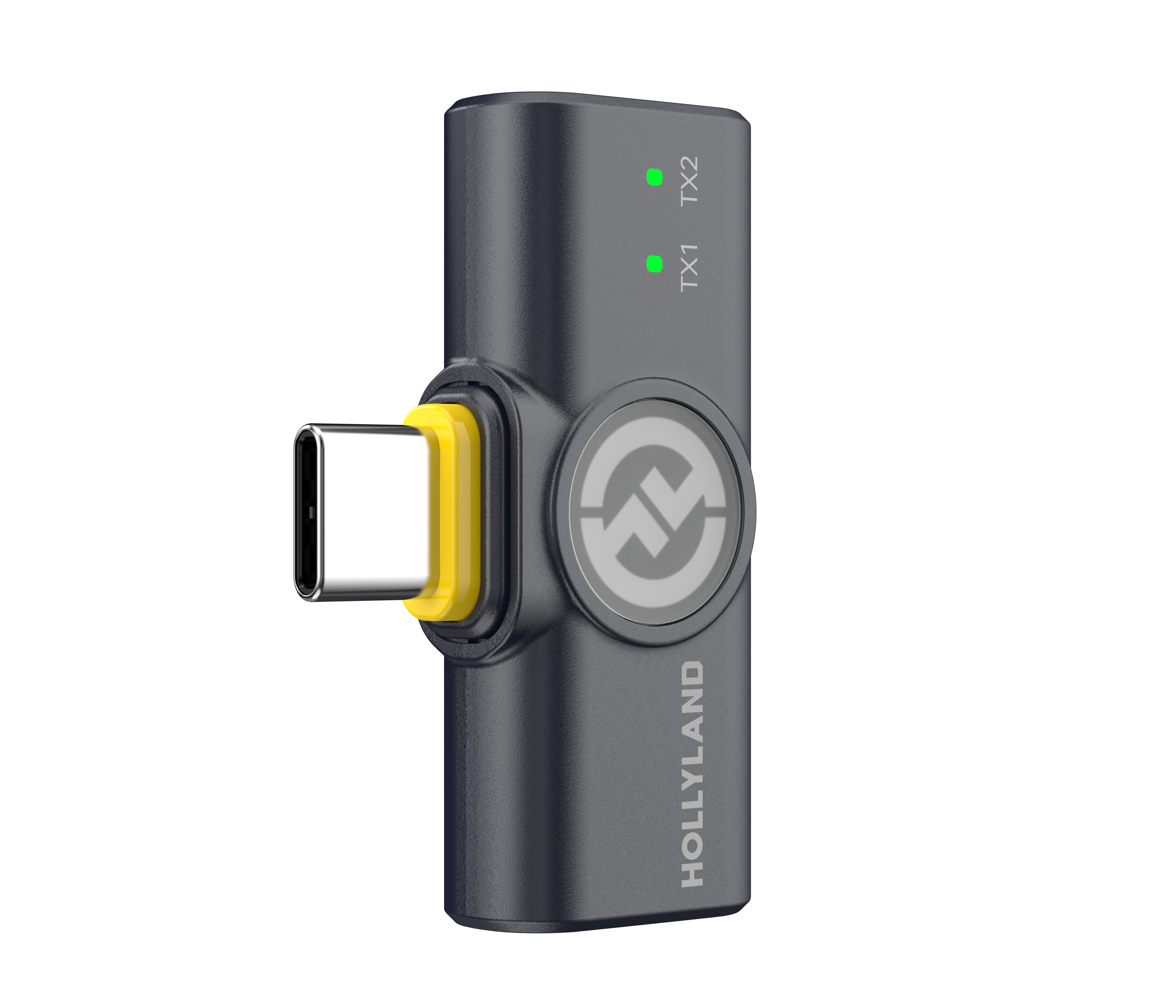Hollyland Lark M2 Duo Wireless Mic USB-C with two omnidirectional transmitters, USB-C plug-in receiver, 2.4 GHz transmission, 1000ft range, 24-bit 48kHz audio, noise cancellation, LED indicators, app control, and included charging case.