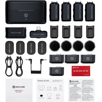 Hollyland Lark Max 3 wireless microphone system components on a white background
